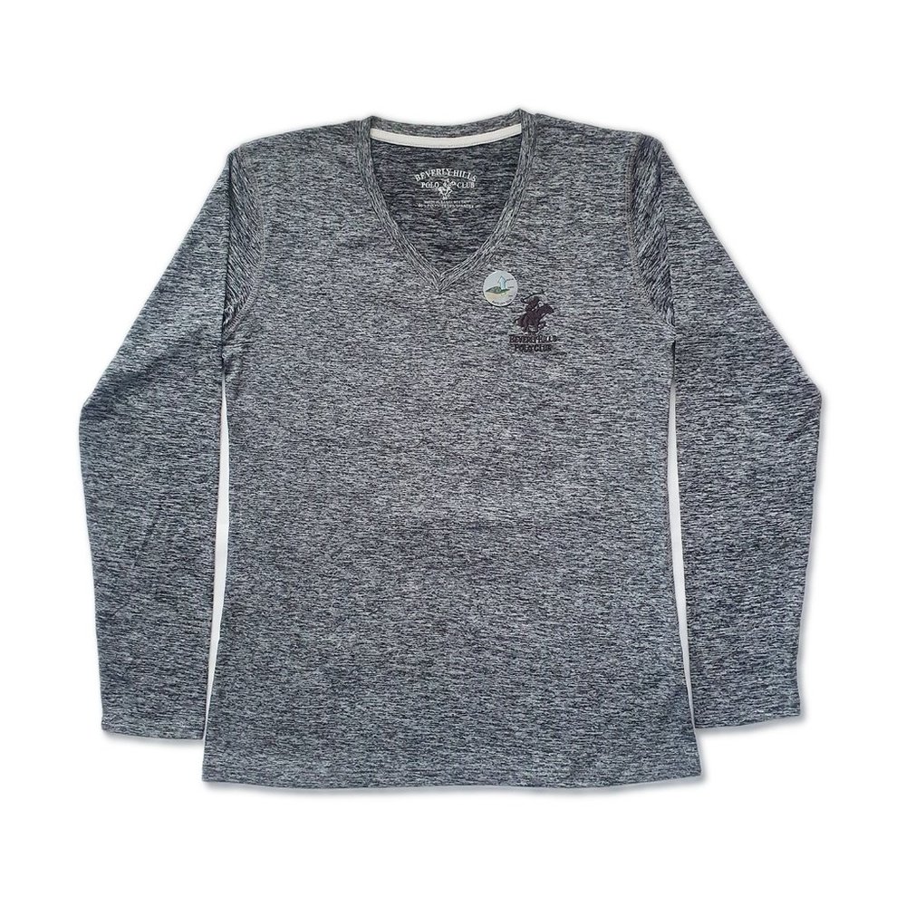 BEVERLY HILLS Polo Club LS [Grey] Women's Stretch Active V-neck Shirt Size LARGE